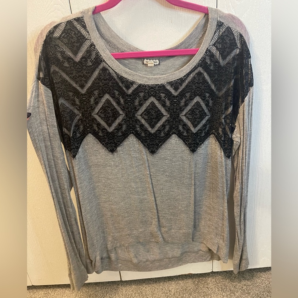 Black Lace Detail Long Sleeve Top - Large